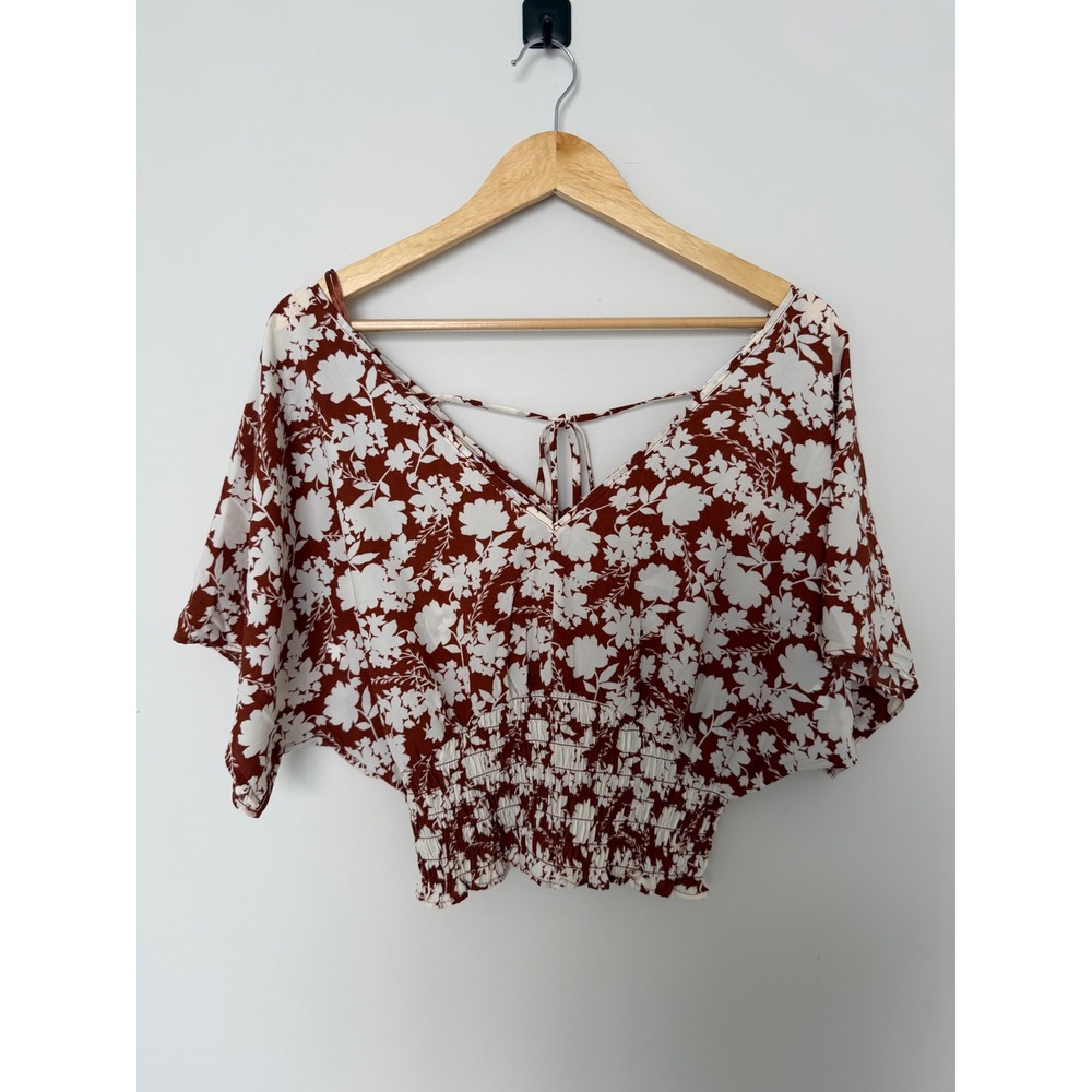 Sienna Sky Crop Top Womens Small Floral Smocked Waist Rust White Excellent